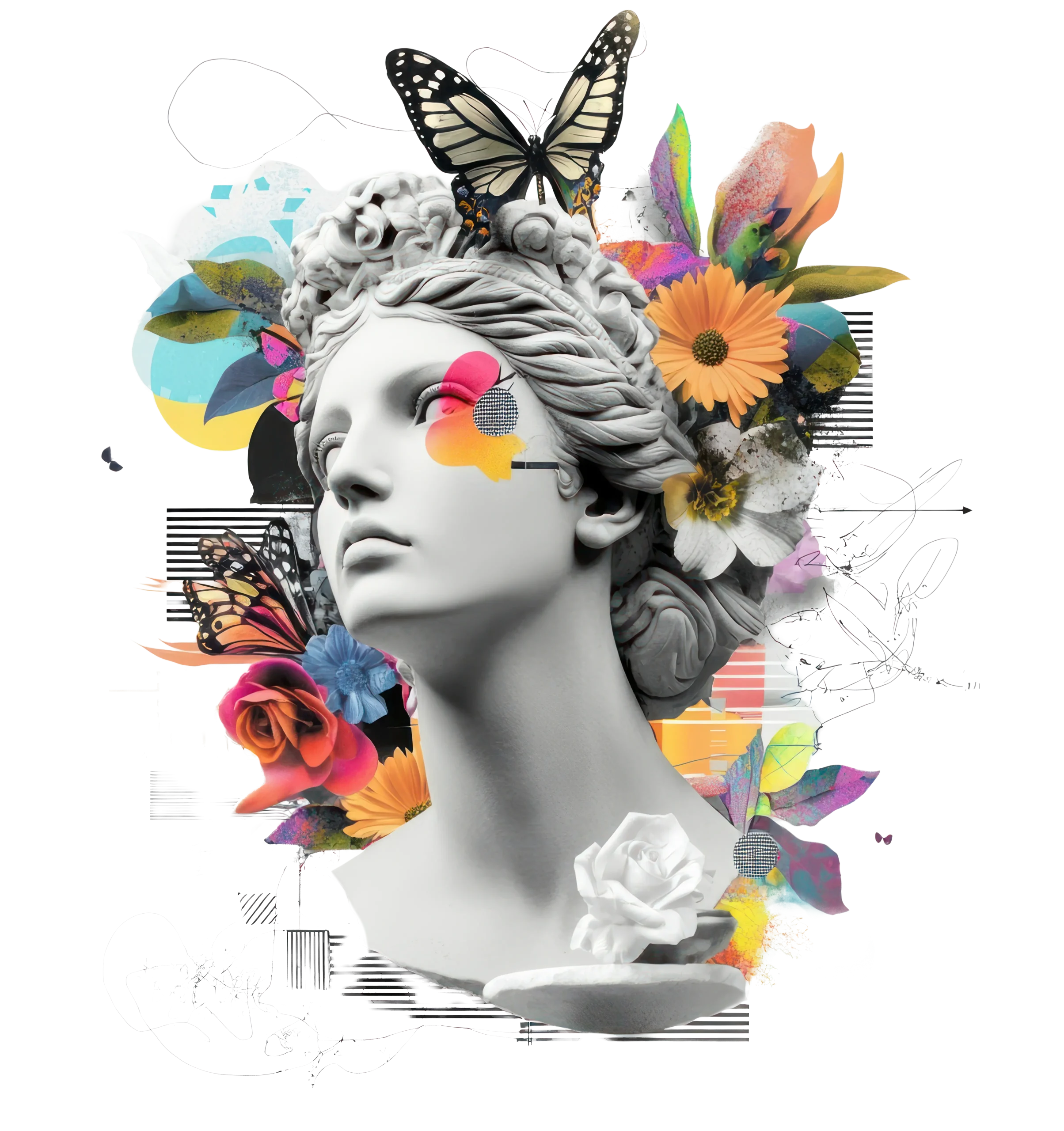 Montage d'une statue avec des fleurs, des formes colorées et des papillons